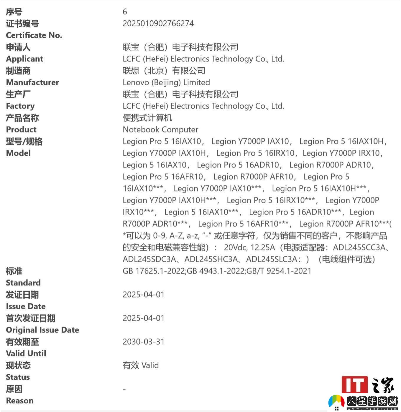 2025款聯(lián)想拯救者Legion游戲本Y7000P/R7000P獲3C認證